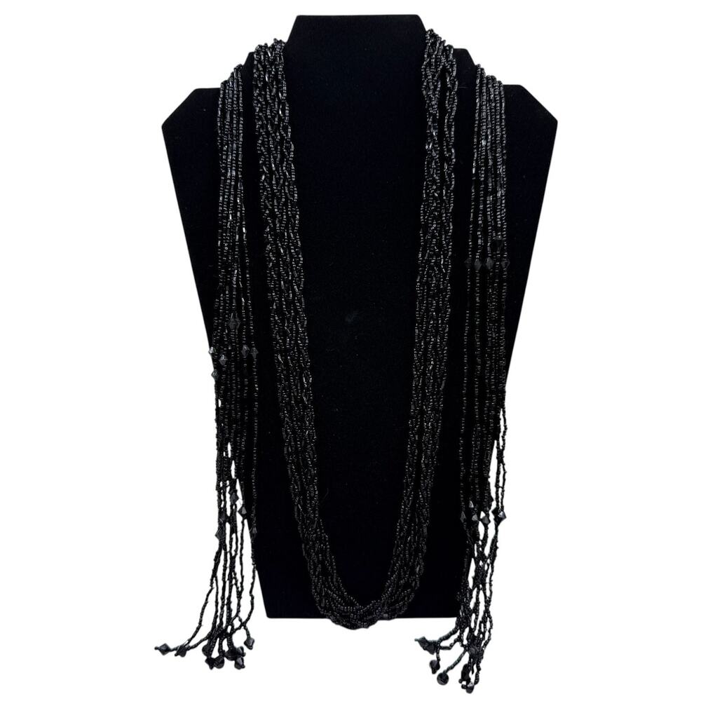 Chic Black Multi-Strand Seed Bead Lariat Necklace Fashion Long Draping Style 60"